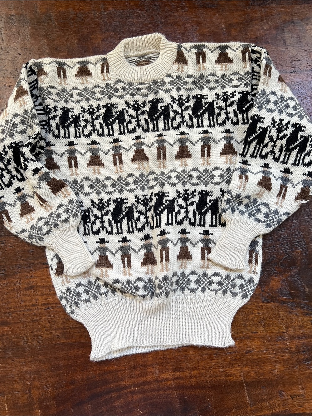 90s Vintage Folk-Art Andean Fair Isle Sweater Cream Multi Pattern Small
